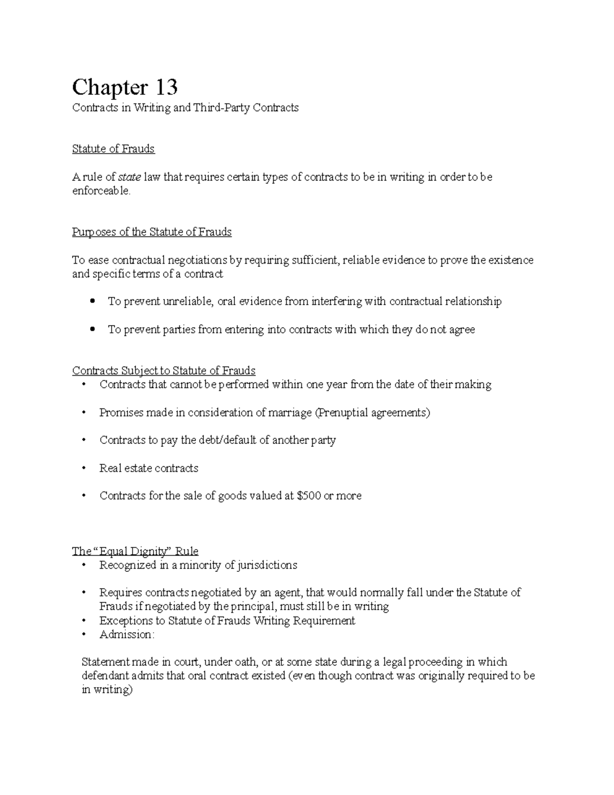Chapter 13 Business Law Lecture Notes: Contracts & Statute of Frauds ...