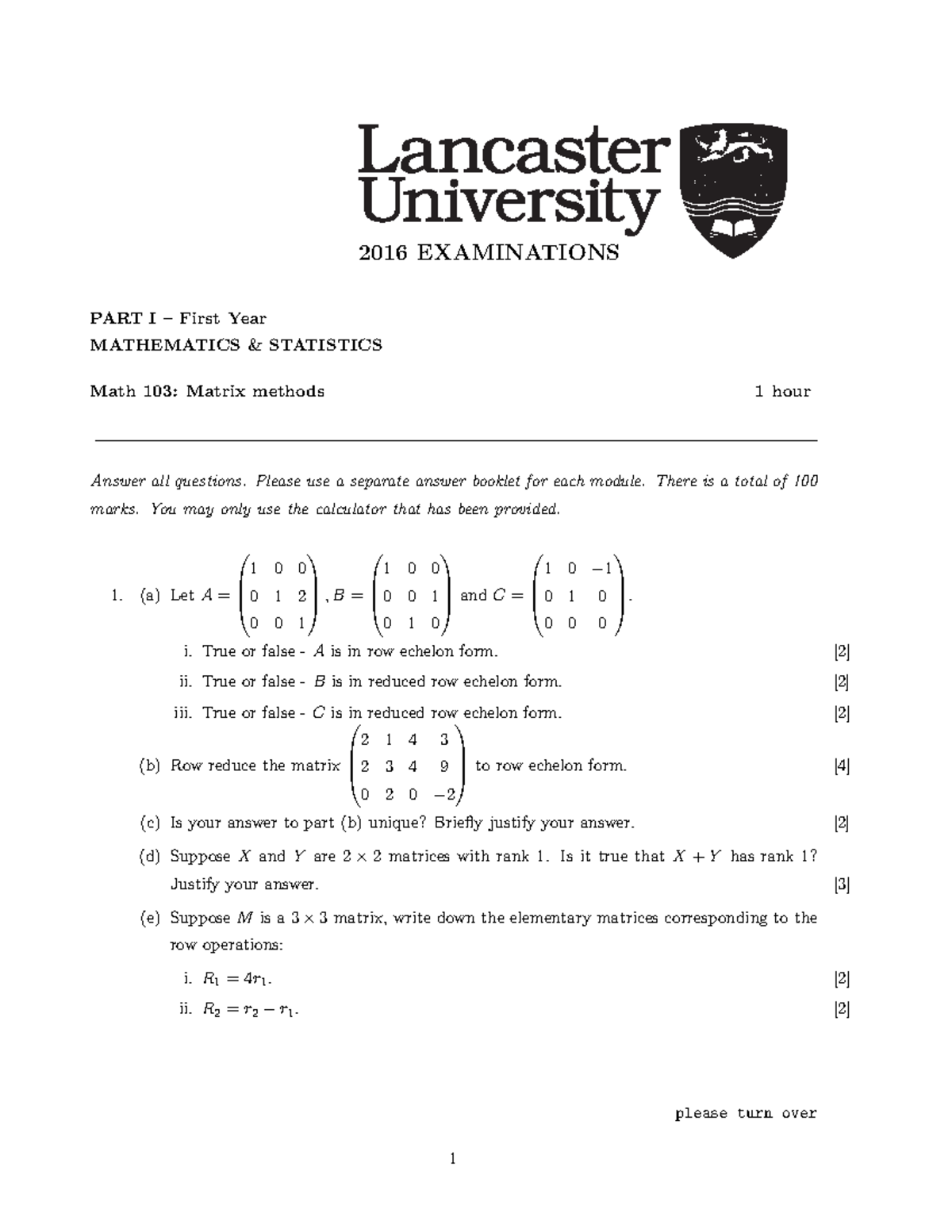 MATH103 Exam 2016 - 2016 EXAMINATIONS PART I – First Year MATHEMATICS ...