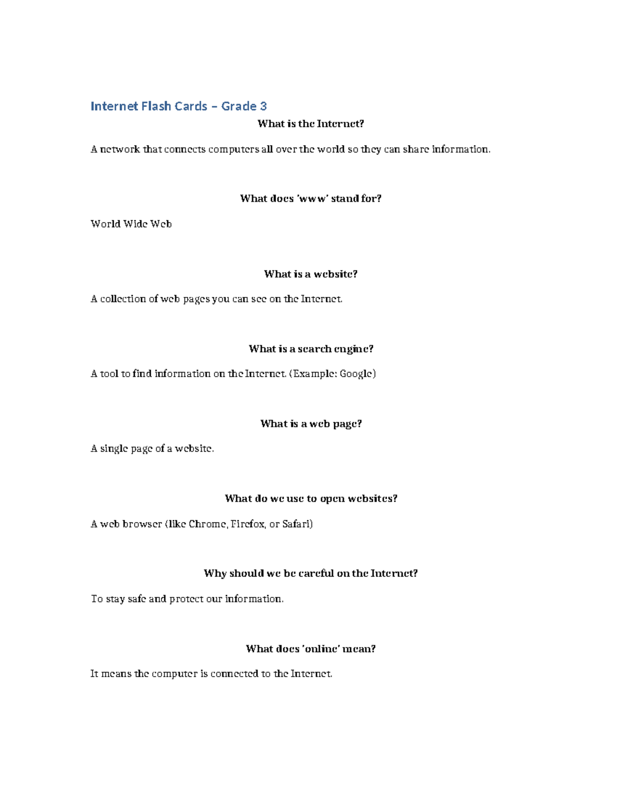 Grade 3 Internet Flash Cards: Understanding the Web Basics - Studocu