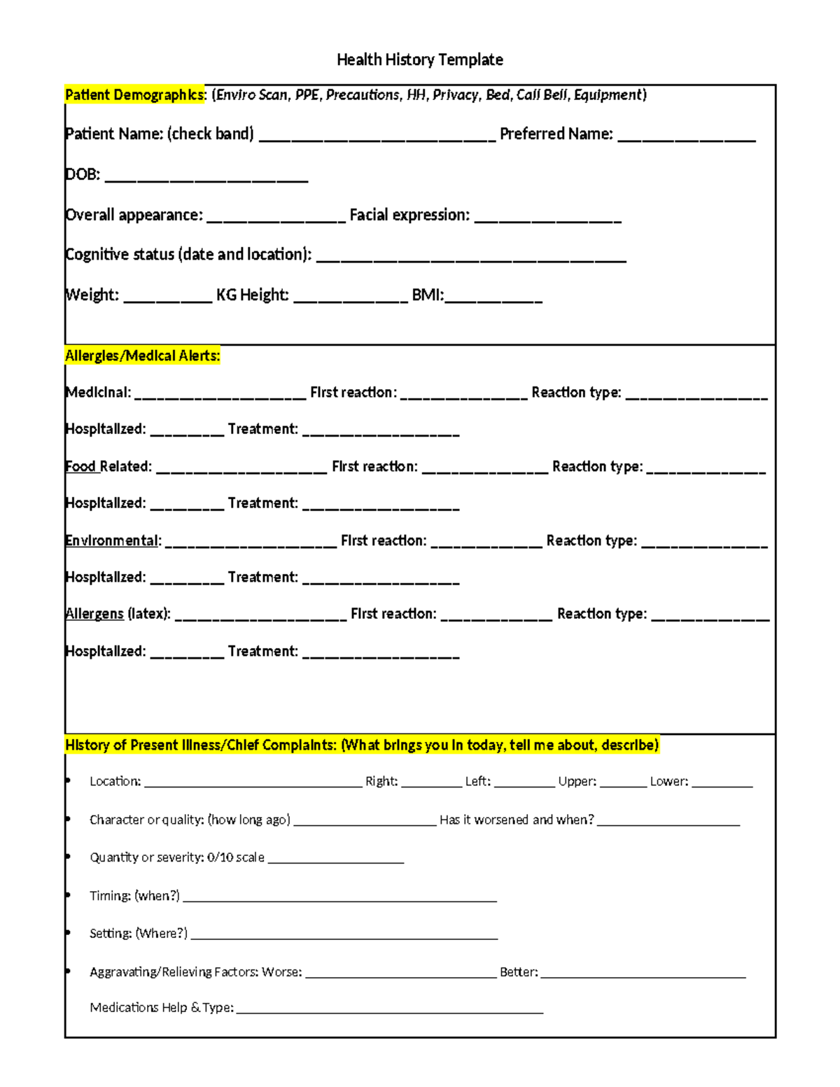 Complete Health History Template (Patient Demographics & Assessments ...
