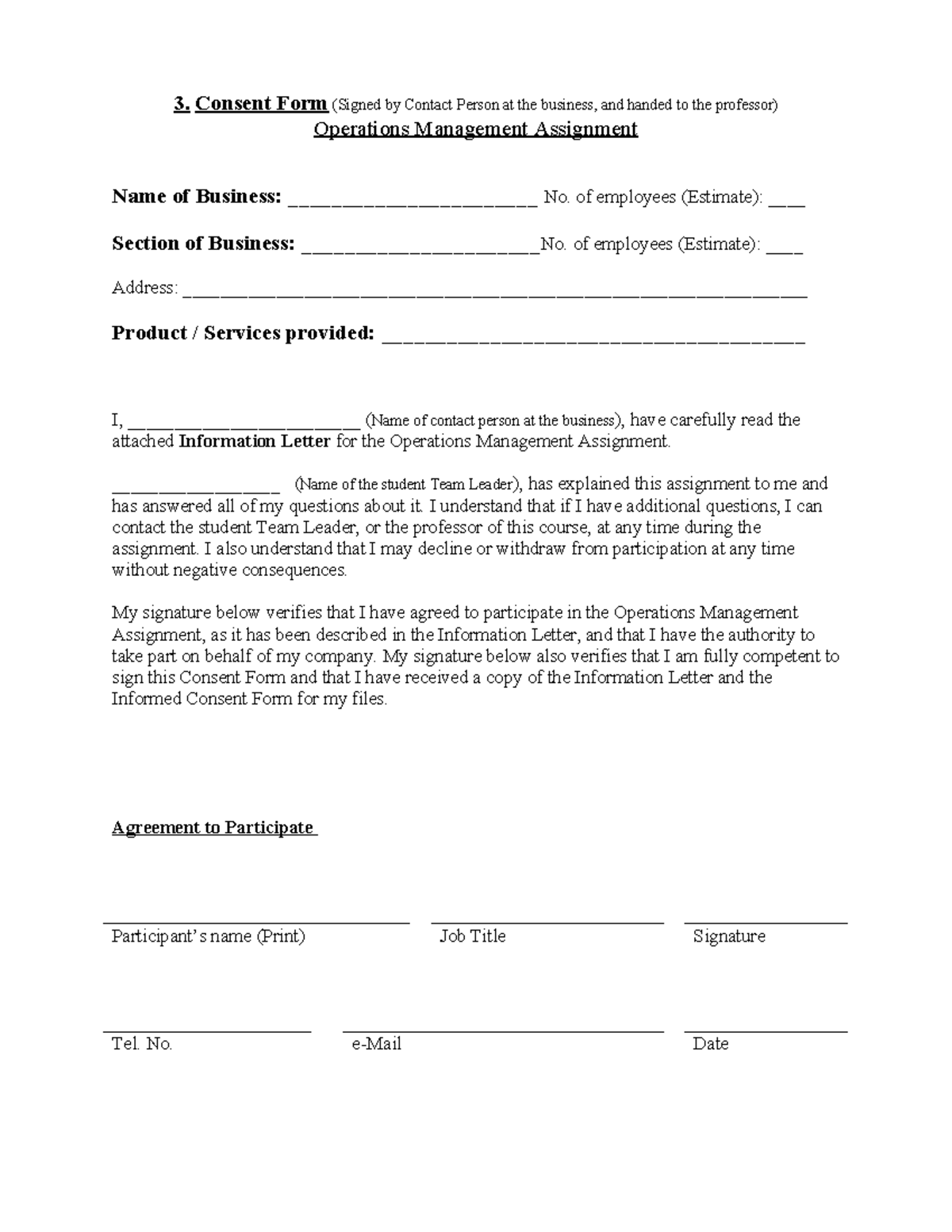 02.3 Ethics Consent Form for Operations Management Assignment - Studocu
