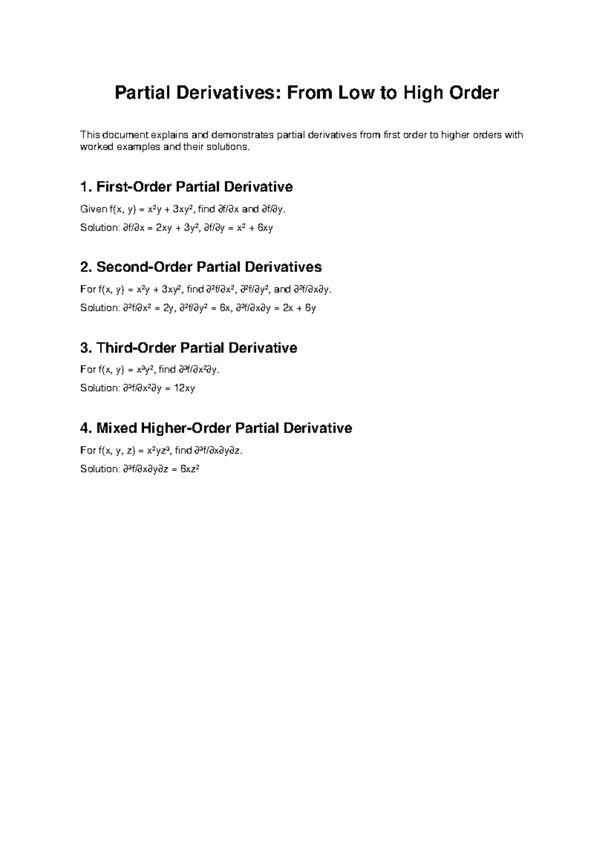 Partial derivatives - 1. First-Order Partial Derivative Given f(x, y ...