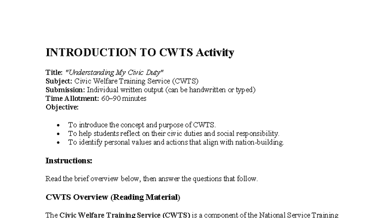 CWTS Activity 1: Understanding Civic Responsibility and Community ...