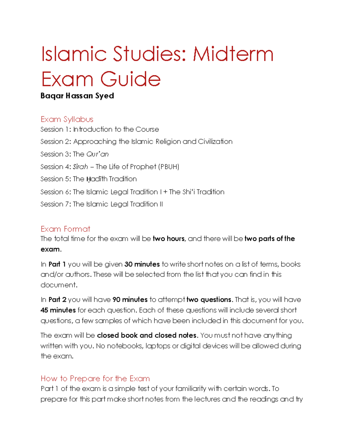 Islamic Studies: Midterm Exam Guide BHS Fall 2025 - Studocu