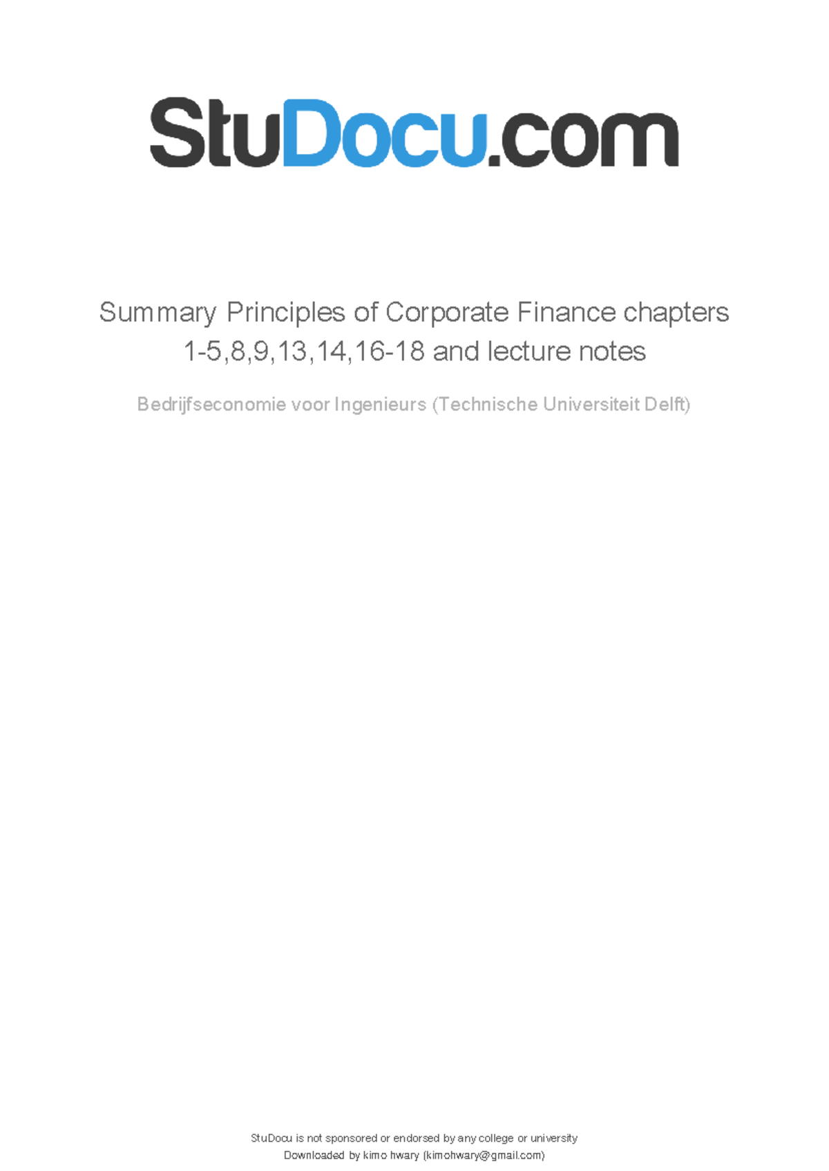 Lecture Notes and Summary of Principles of Corporate Finance Chapters 1 ...