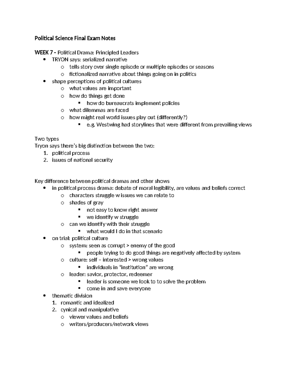 Political Science PS 101 Final Exam Study Notes on Political Drama ...
