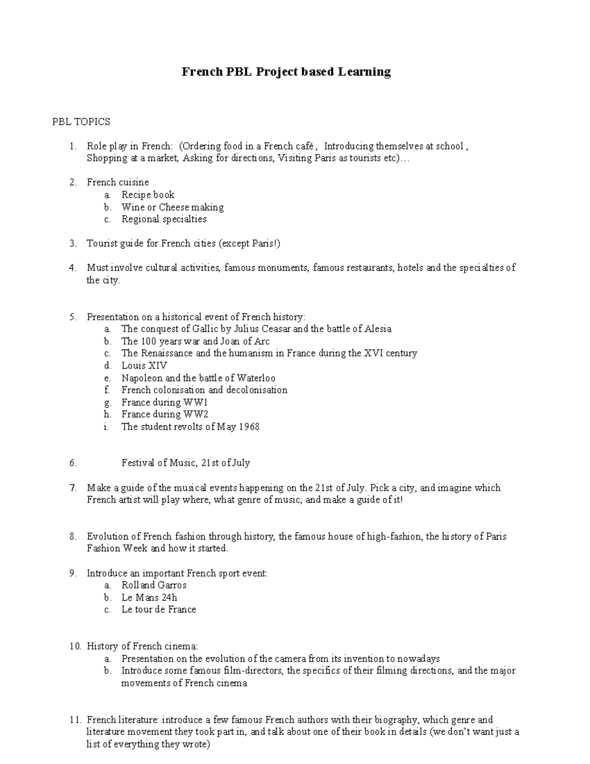 French PBL Project Topics 1 - Cultural & Historical Insights - Studocu