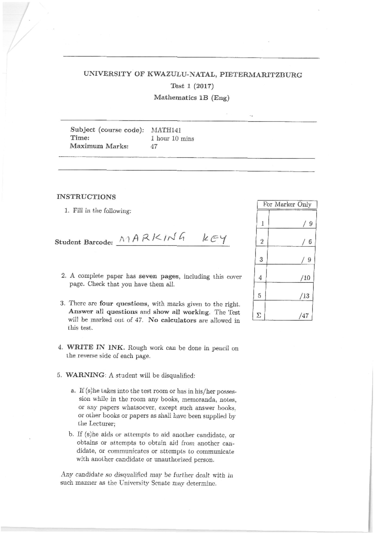 MATH141 TEST1 2017 solutions - MATH141 - Studocu