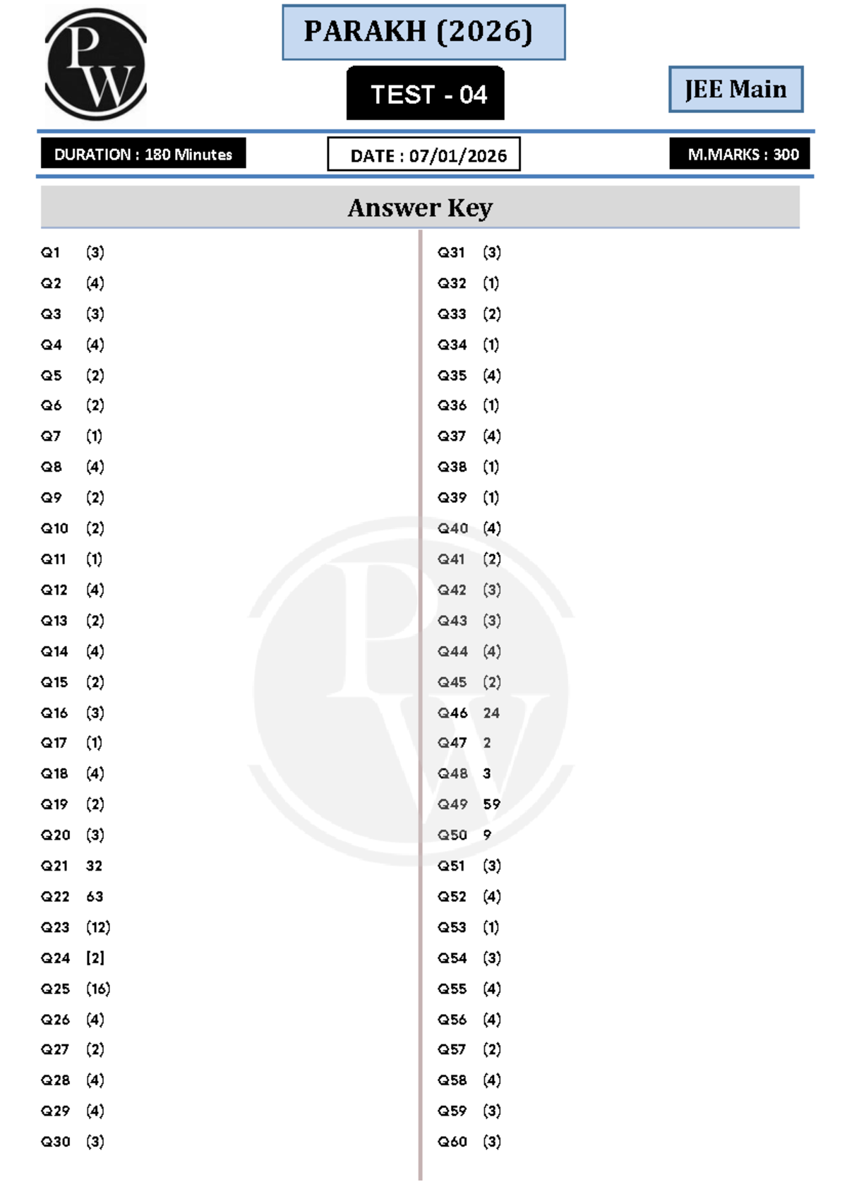 JEE Main Test 04 Answer Key (2026) - Duration: 180 Minutes - Studocu