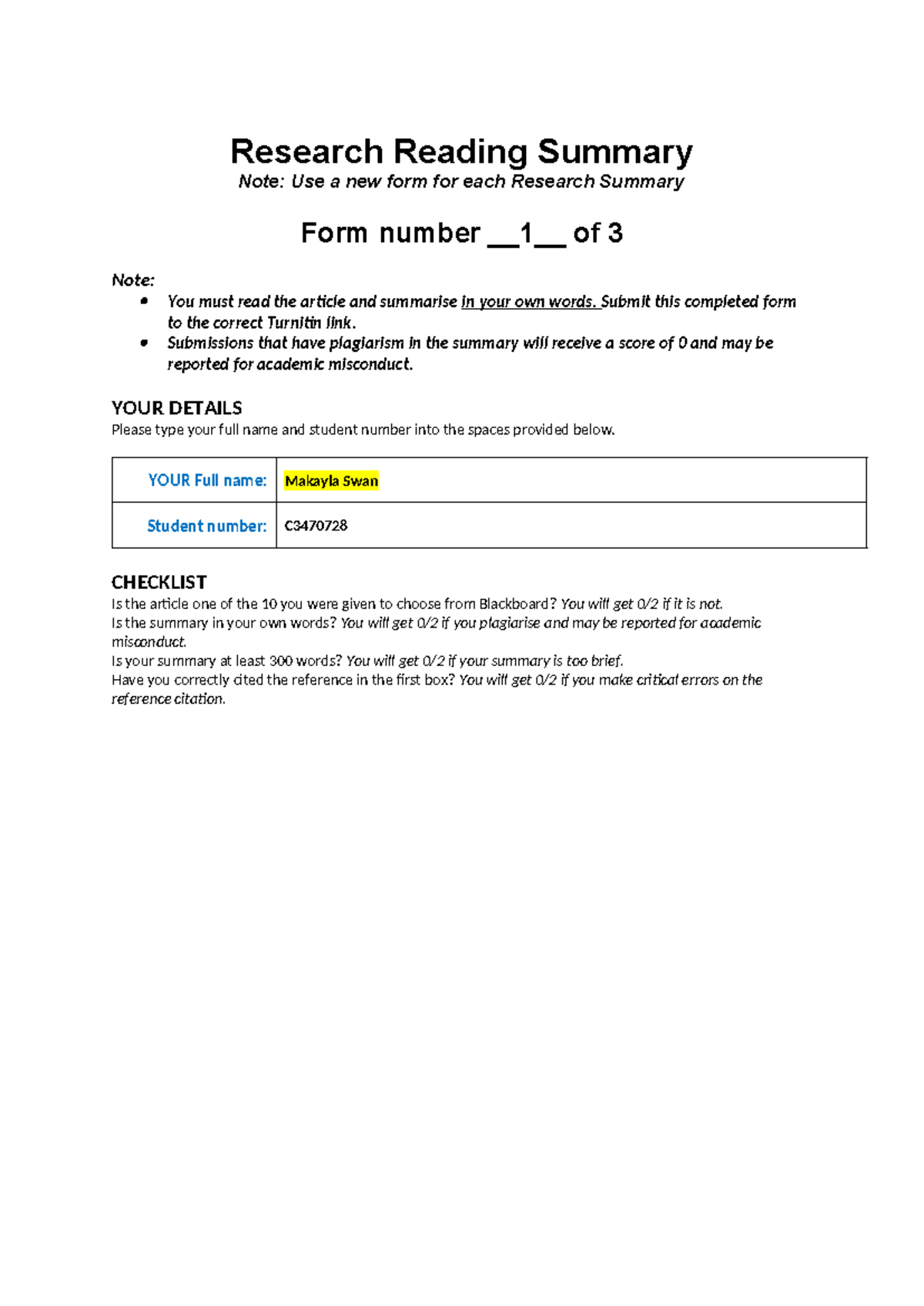Research Reading Summary Form #1 of 3 for C3470728 - Studocu