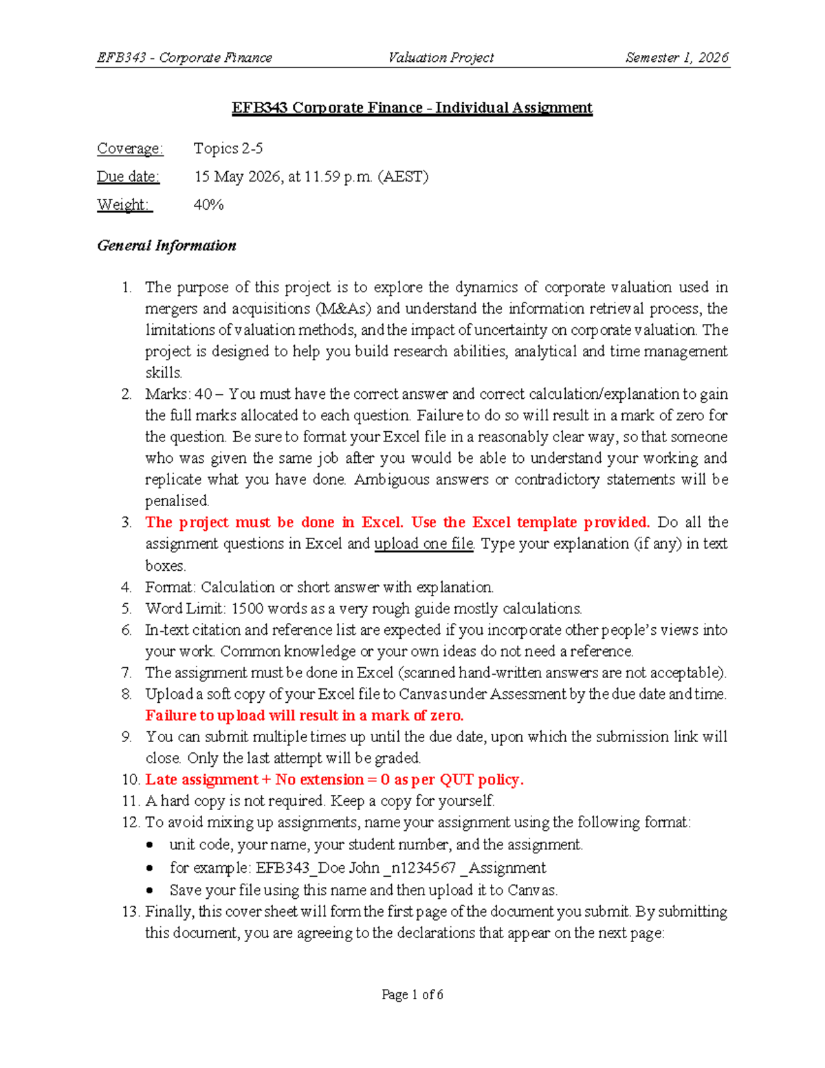 EFB343 Corporate Finance Valuation Project - Individual Assignment 2026 ...