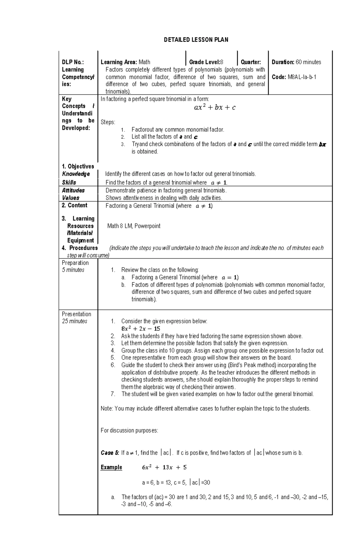 DLP4 Math 8 Q1: Lesson Plan on Factoring Perfect Square Trinomials ...