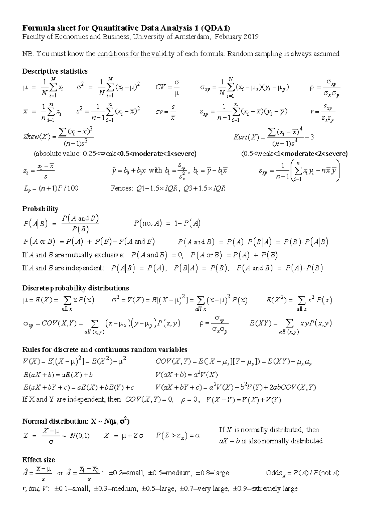 Formula Sheet for Quantitative Data Analysis 1 (QDA1) - 2019 - Studeersnel