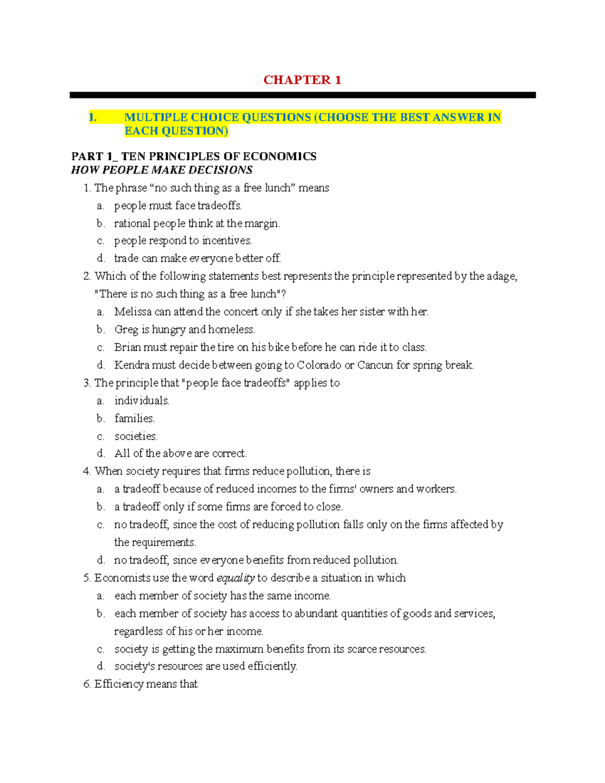 CHAPTER 1: MULTIPLE CHOICE QUESTIONS ON ECONOMIC PRINCIPLES (MicroE ...