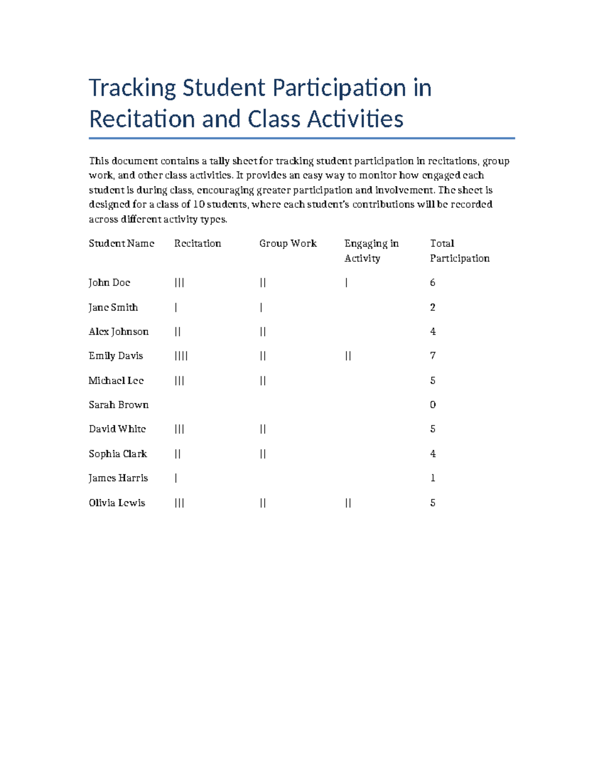 Tracking Student Participation Tally Sheet with Fictional Names ...