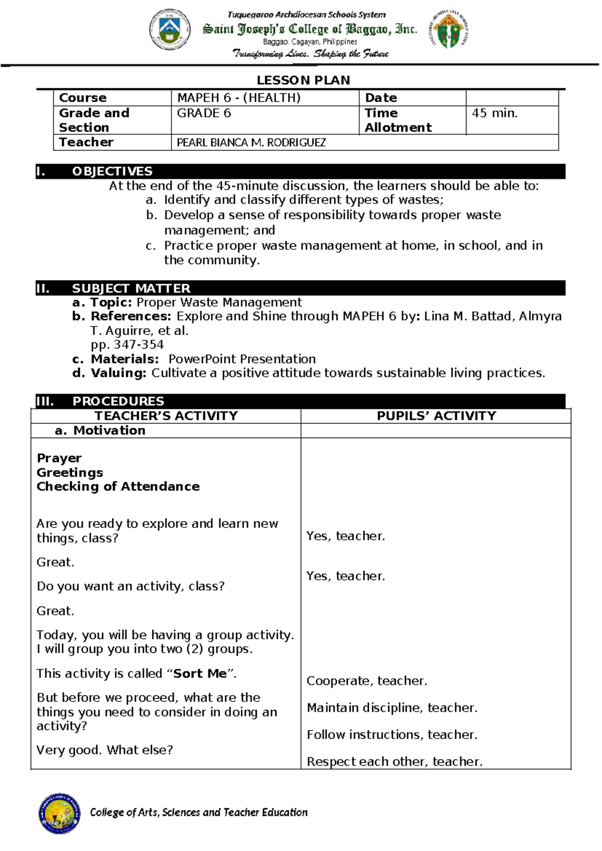 Detailed Lesson Plan for MAPEH 6: Proper Waste Management Activities ...