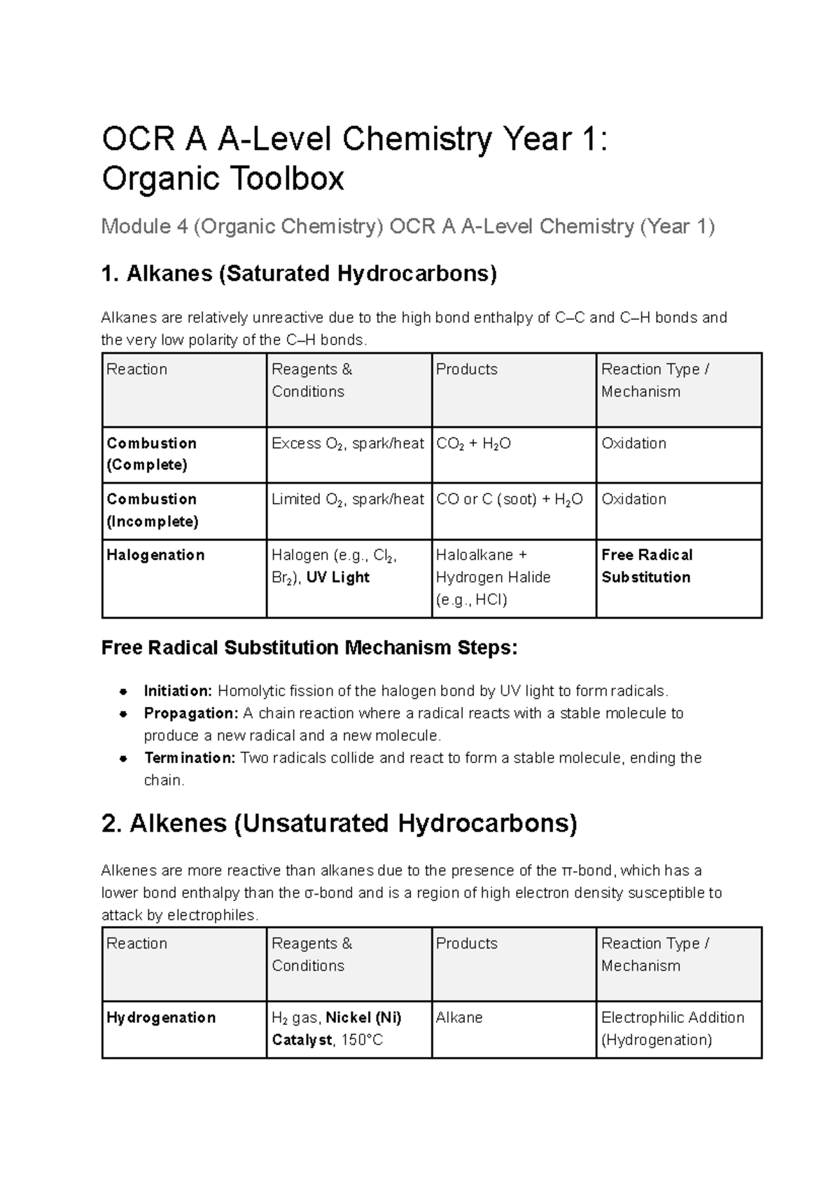 Organic Chemistry Year 4 OCR A: Alkanes & Alkenes Cheat Sheet - Studocu