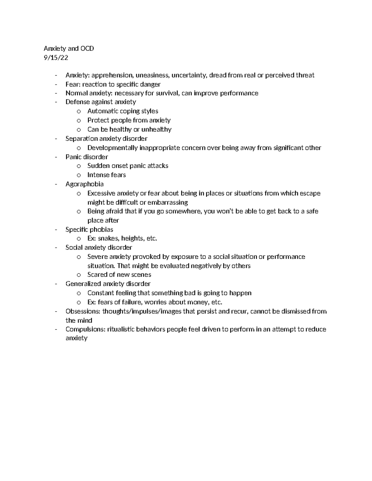 Anxiety & OCD: Key Concepts and Disorders Overview - Studocu