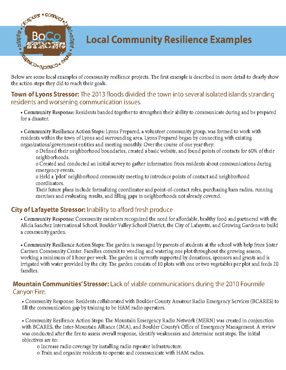 Bo CO Community Resilience Examples: Local Initiatives and Actions ...