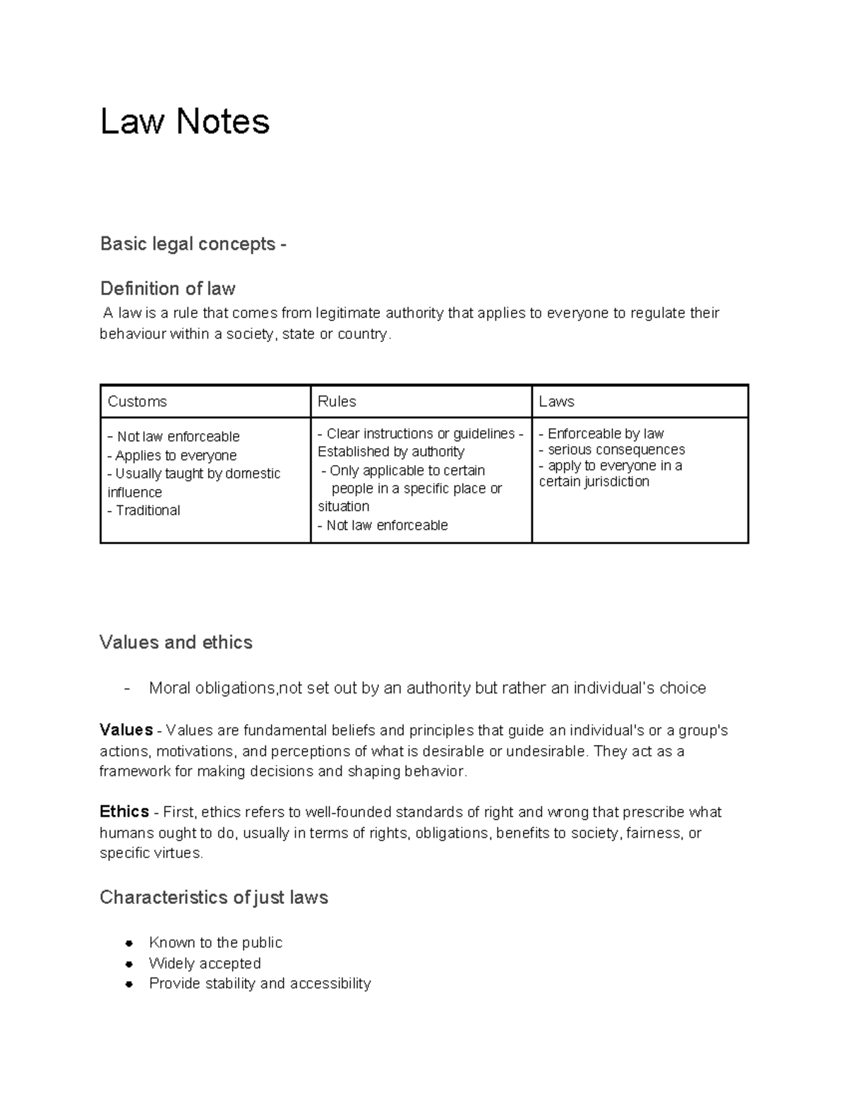 Law Notes: Basic Legal Concepts and Definitions for Course LAW101 - Studocu