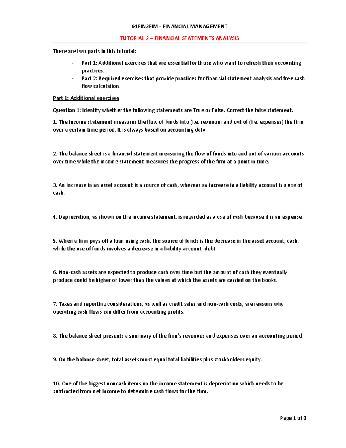 Tutorial 2 Financial Statements & FSA - 61FIN2FIM - FINANCIAL ...