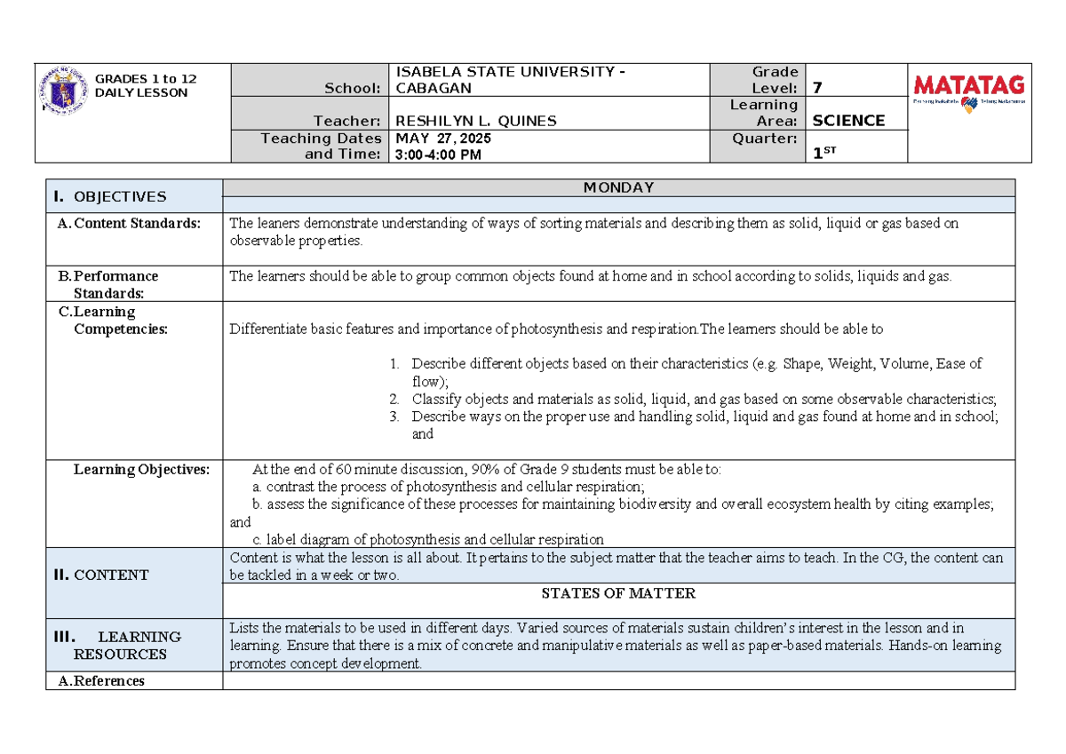 Daily lesson plan for grade 7 science (DLP 2) on states of matter - Studocu
