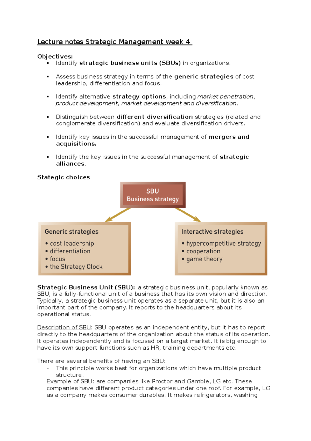 Strategic Management LECTURE NOTES Week 4: SBUs and Generic Strategies ...