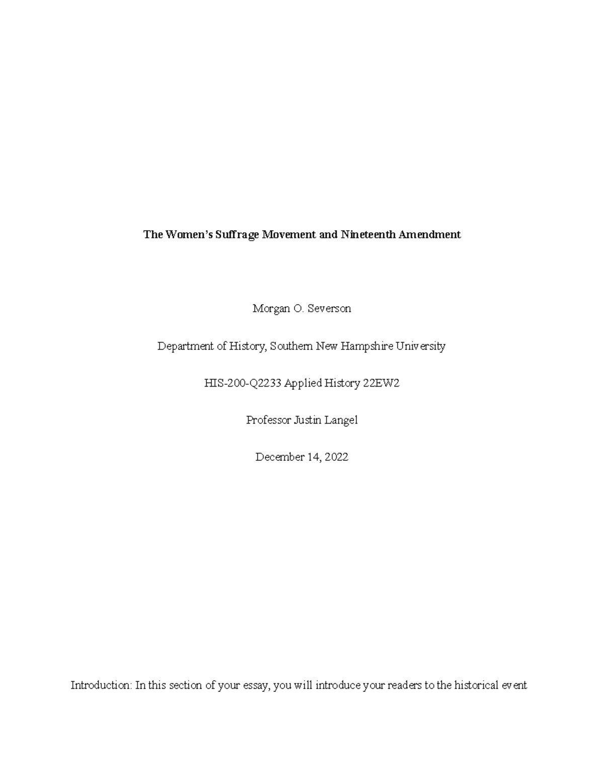 HIS-200-Q2233 Women's Suffrage Movement & Nineteenth Amendment Essay ...