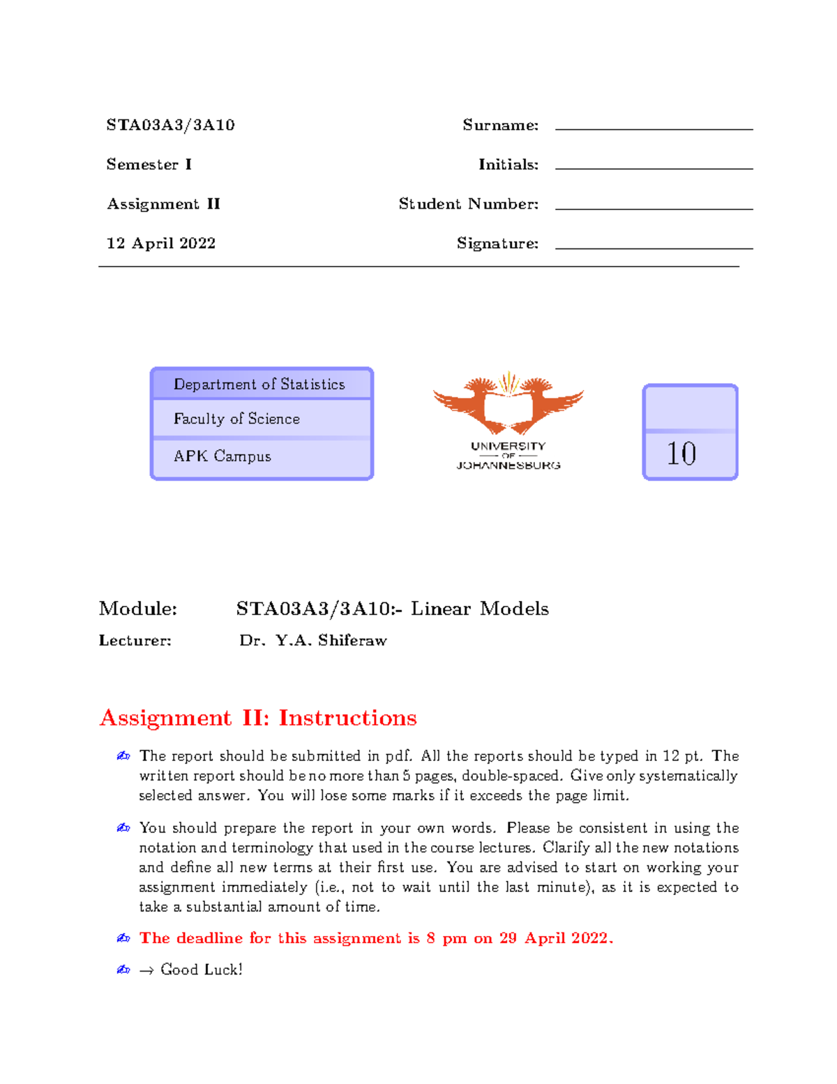 STA03A3 Assignment II Guidelines and Submission Instructions - Studocu