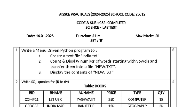 AISSCE 25012 Computer Science Lab Test Practical Guide - Studocu
