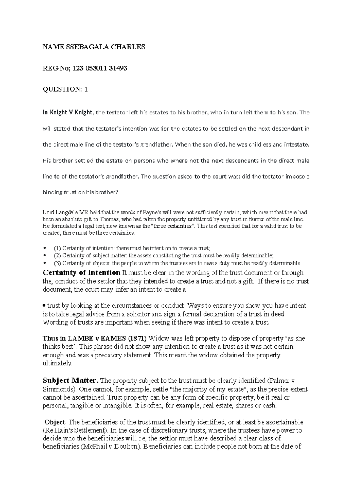 Law of Trusts: Key Concepts and Case Analysis (SSEBAGALA CHARLES) - Studocu