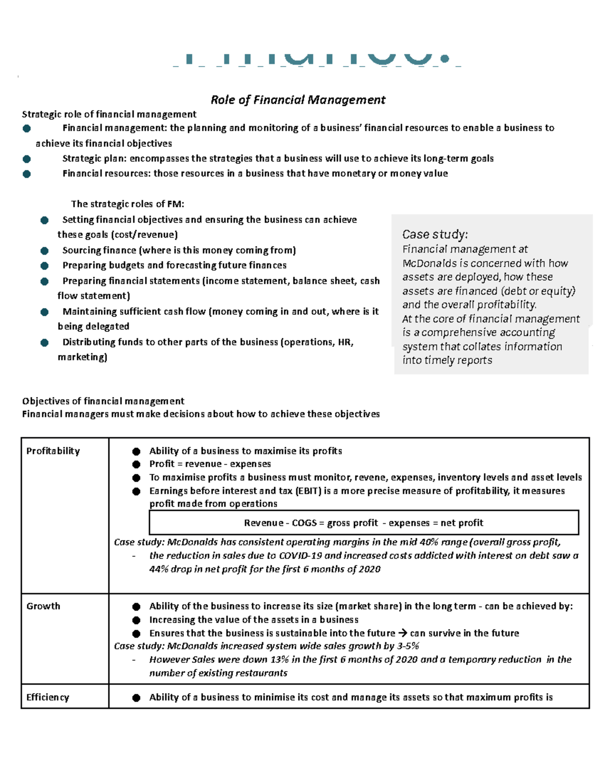 Finance Business Studies HSC Notes - Role of Financial Management ...