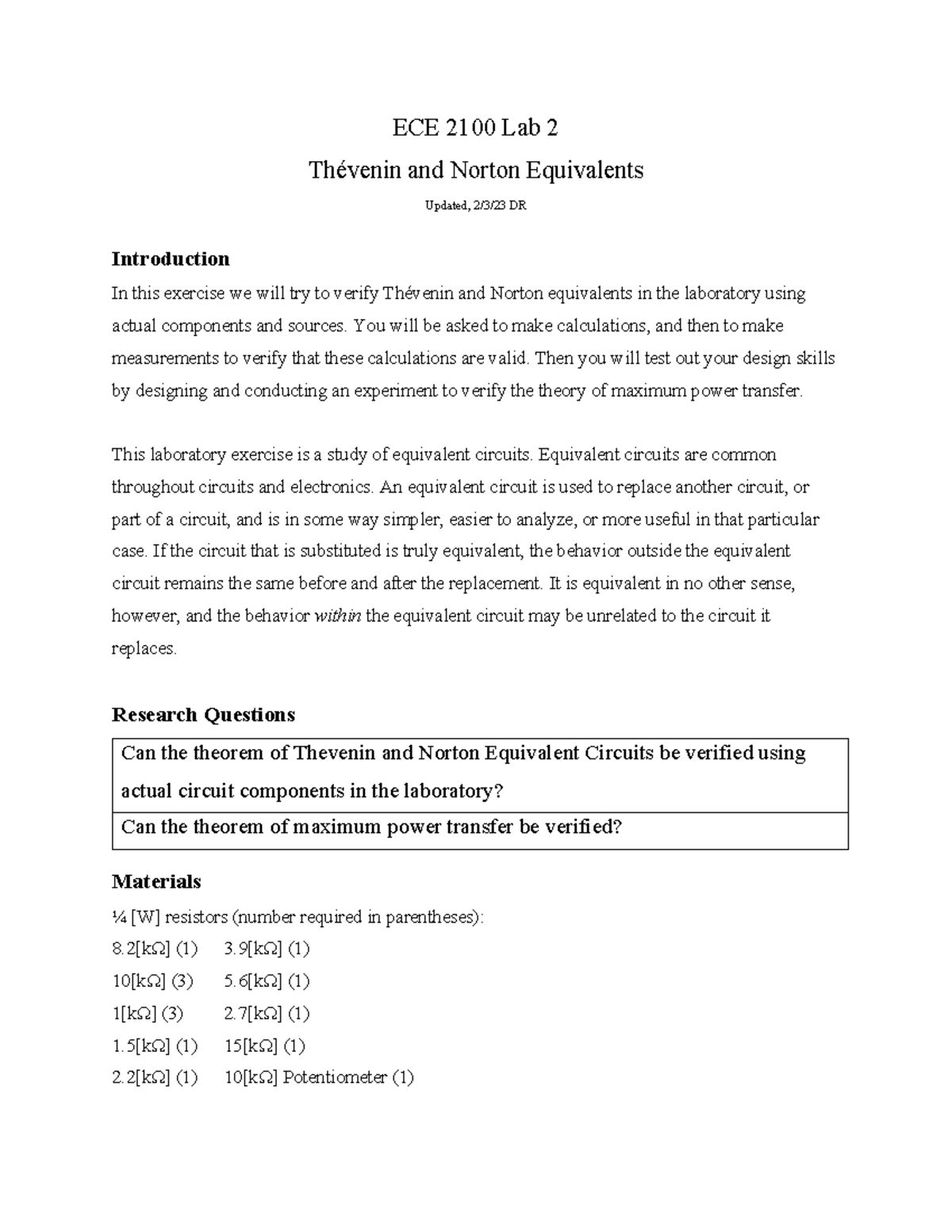 ECE2100 EX II Thevenin - Lab - ECE 2100 Lab 2 Thévenin and Norton ...