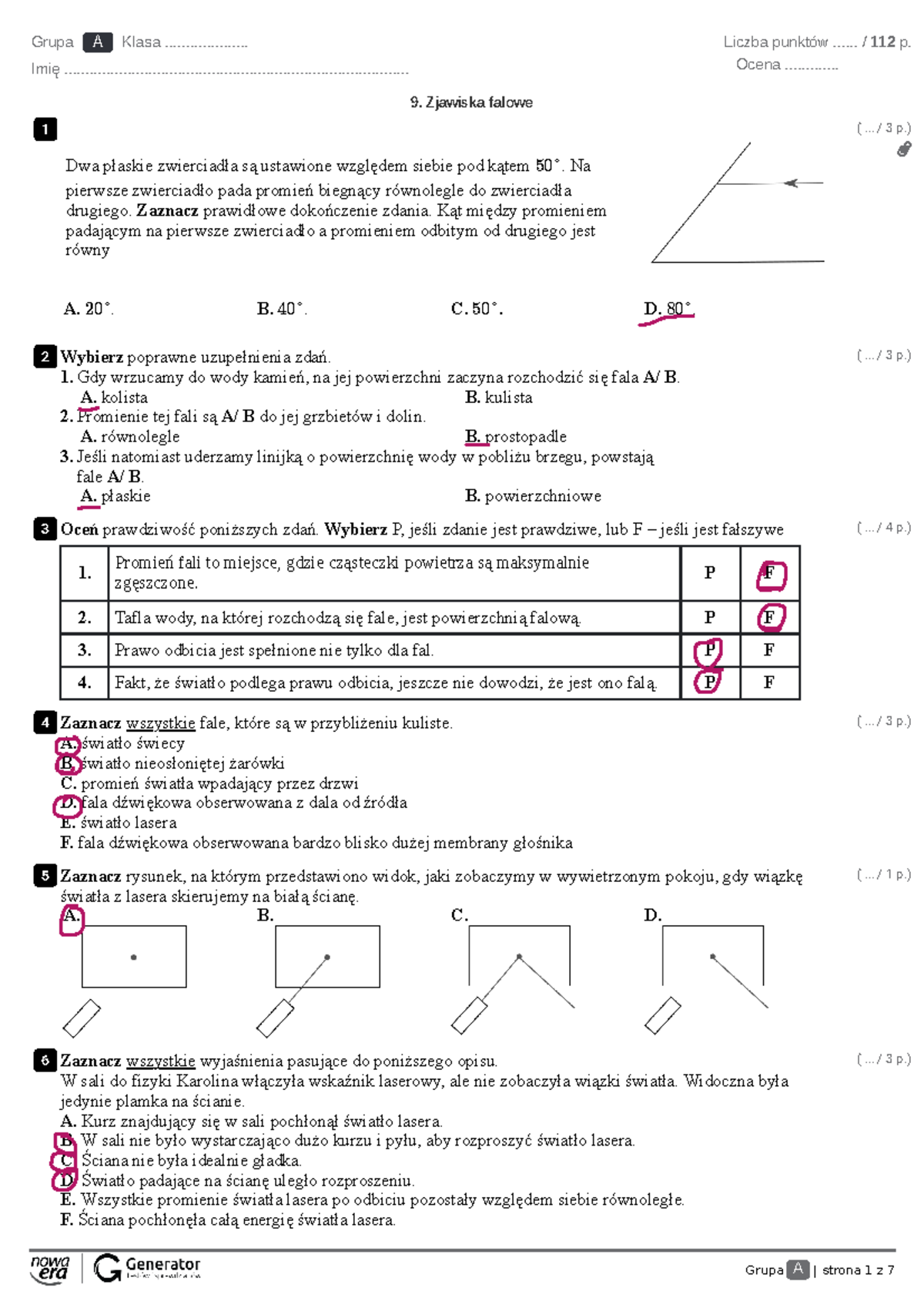 9.-Zjawiska-falowe-Test-z-widoczna-punktacja-3 (1) - Test Wiedzy o Falach - Document Preview
