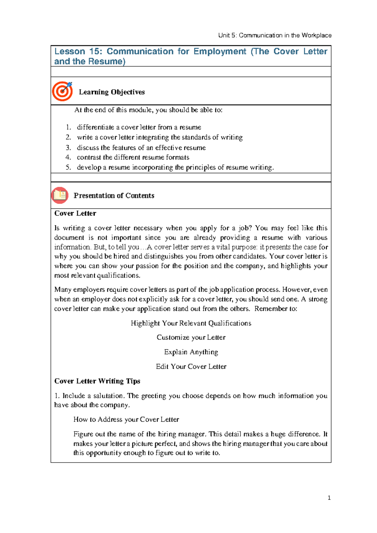 Lesson 15: Employment Communication - Cover Letter & Resume Tips - Studocu