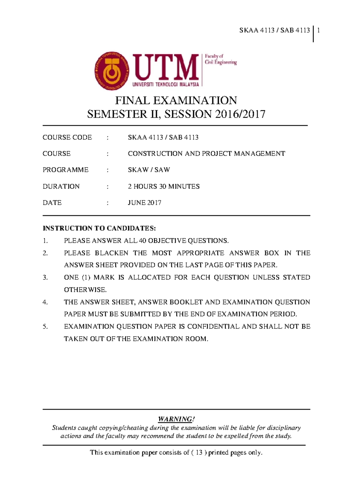 Final Past Year - SKAA 4113 1 FINAL EXAMINATION SEMESTER II, SESSION ...