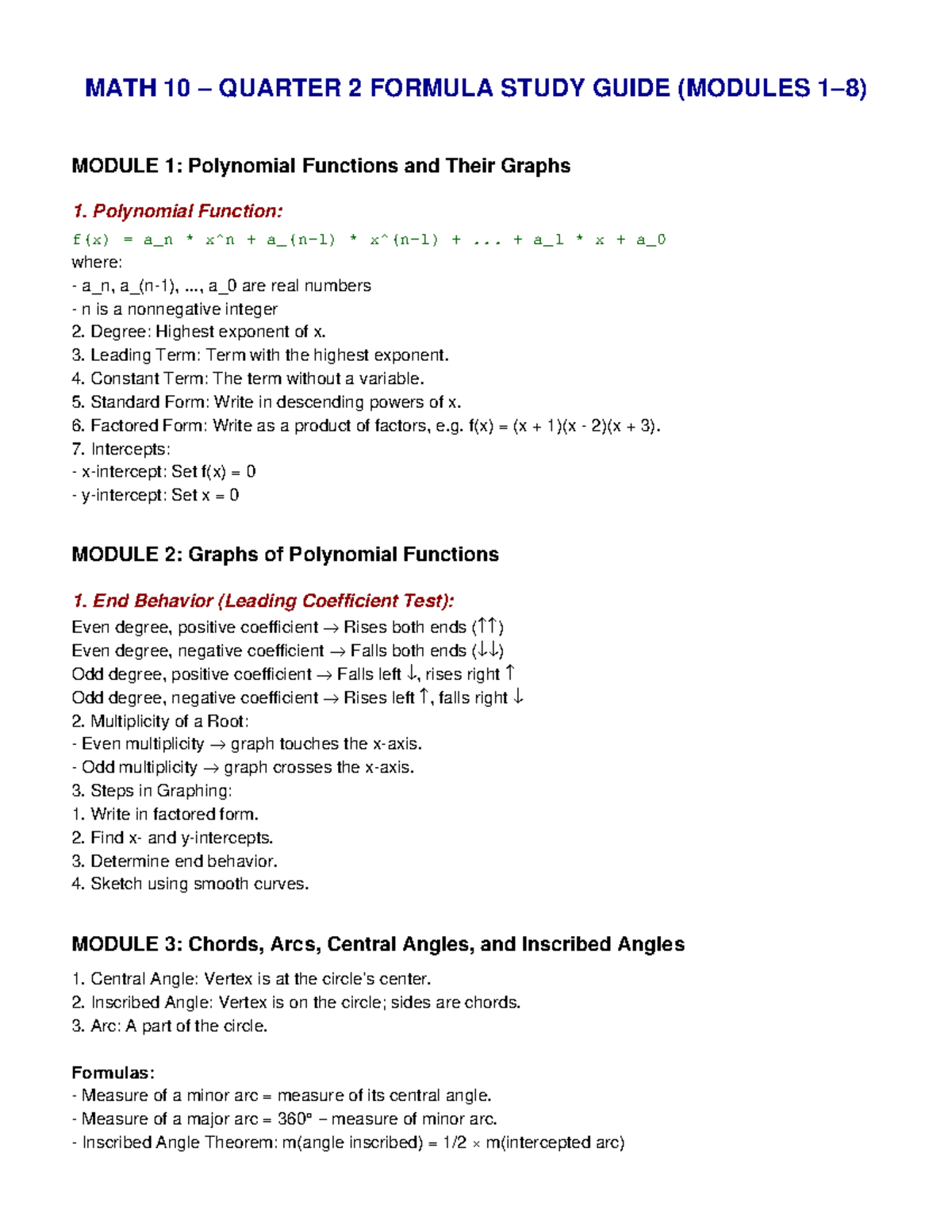 MATH 10 Q2 FINAL STUDY GUIDE: POLYNOMIALS & CIRCLES MODULES 1-8 - Studocu