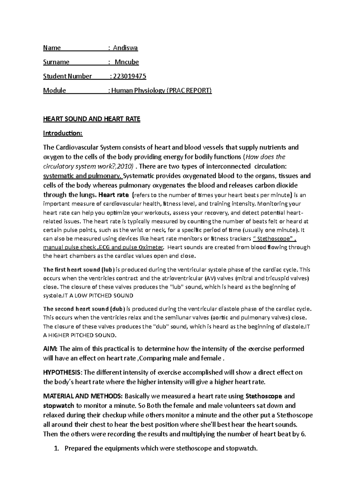 HPHS1H2 Heart Sound and Rate: Effects of Exercise Intensity PRAC Report ...