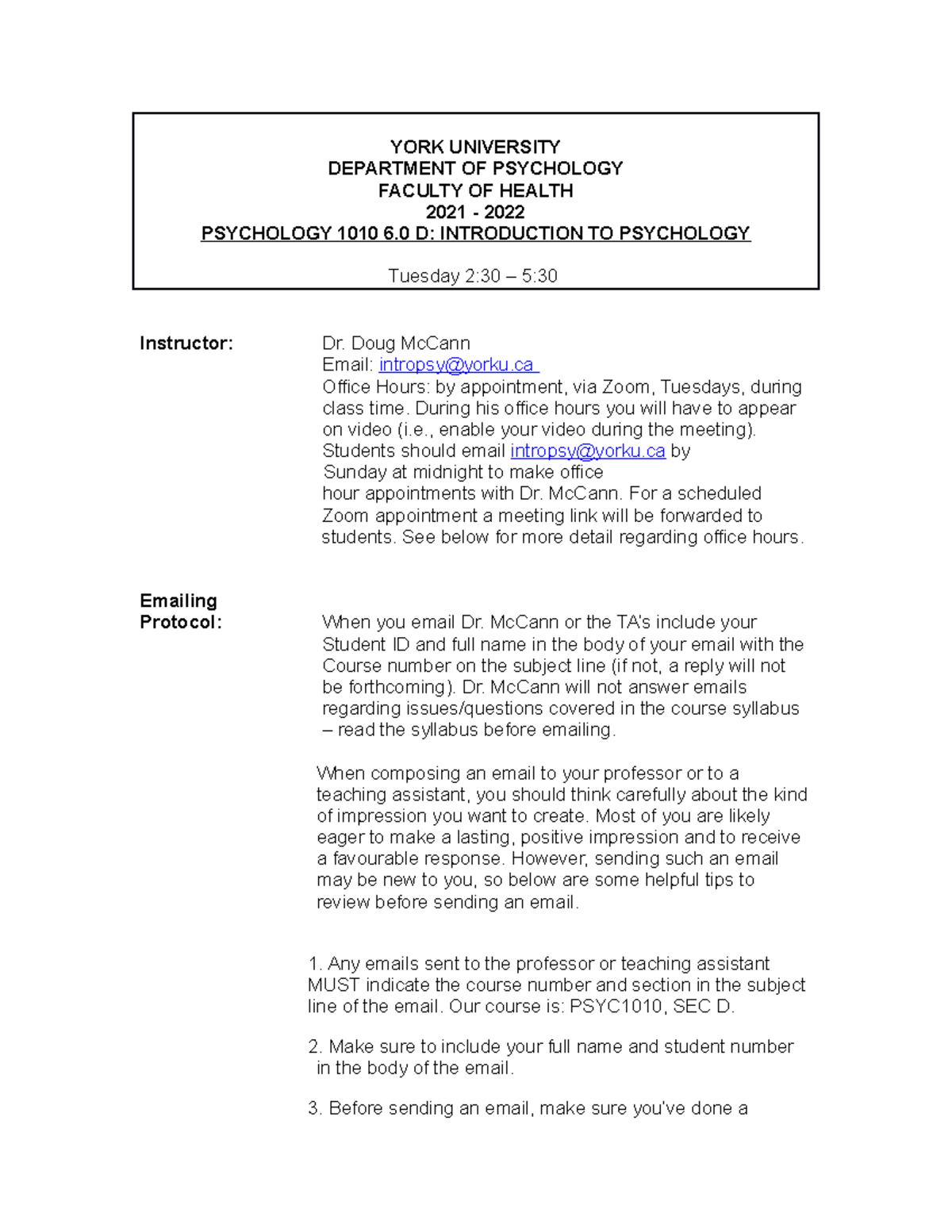 PSYC 1010 Course Outline and Important Information (2021-2022) - Studocu
