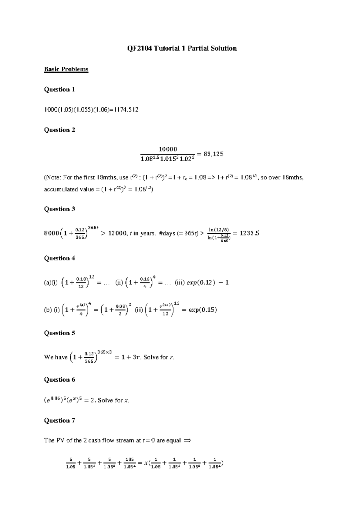 QF2104 Tutorial 1 Partial Solution - QF2104 Tutorial 1 Partial Solution ...