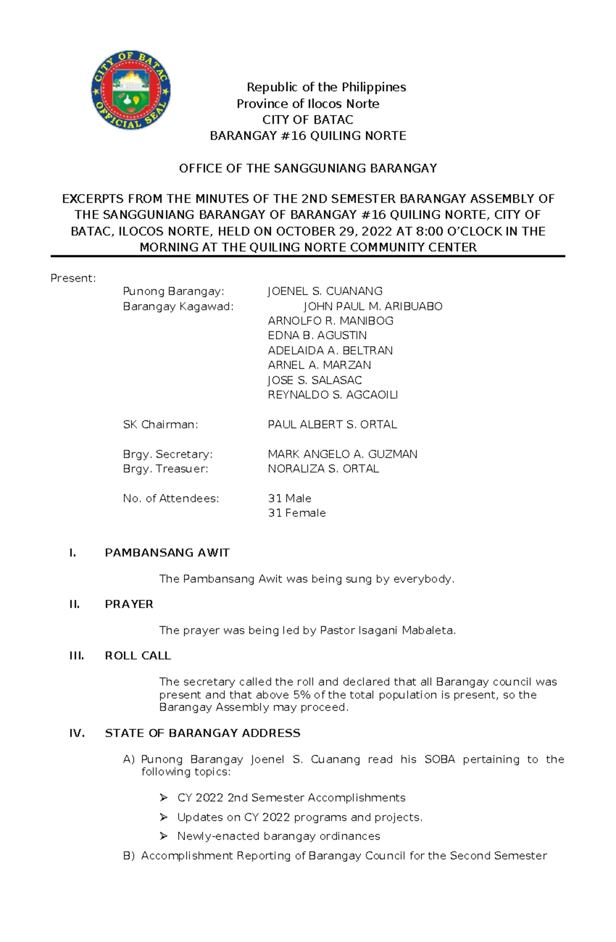 2022 Barangay Assembly Minutes - 2nd Semester, Batac City - Studocu