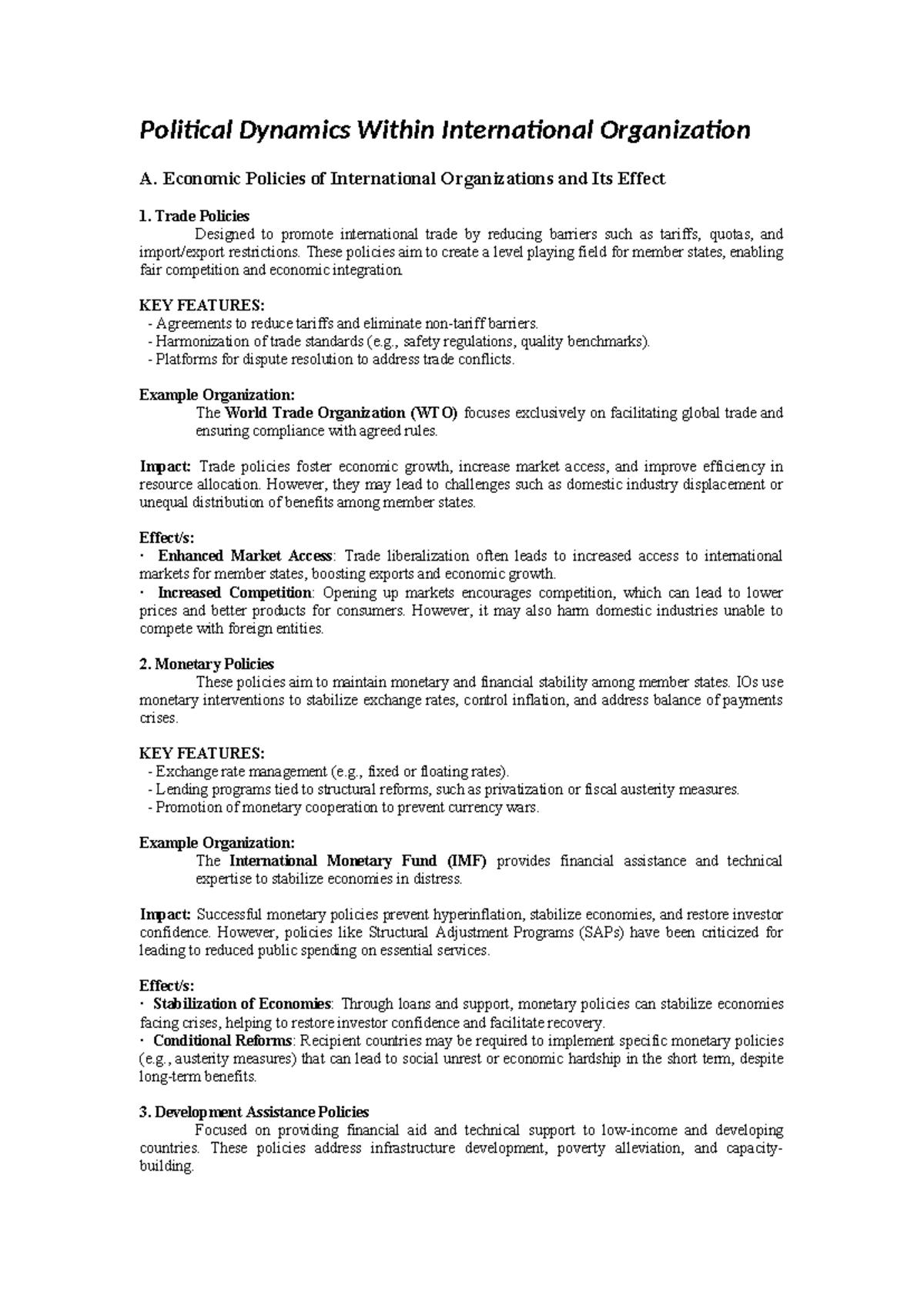 Political Dynamics in International Organizations: Economic Policies ...