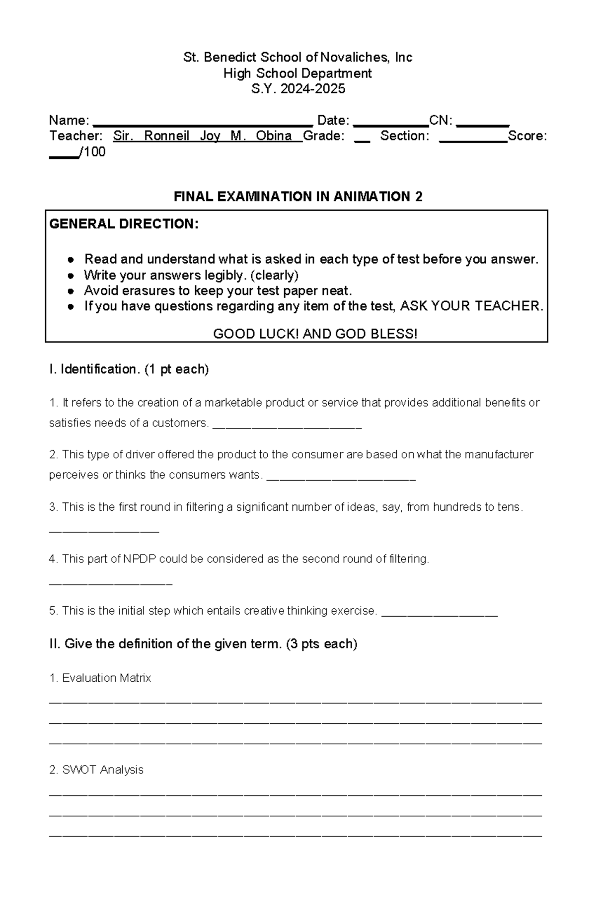 1Q-2 Animation 11 - test paper. - St. Benedict School of Novaliches ...