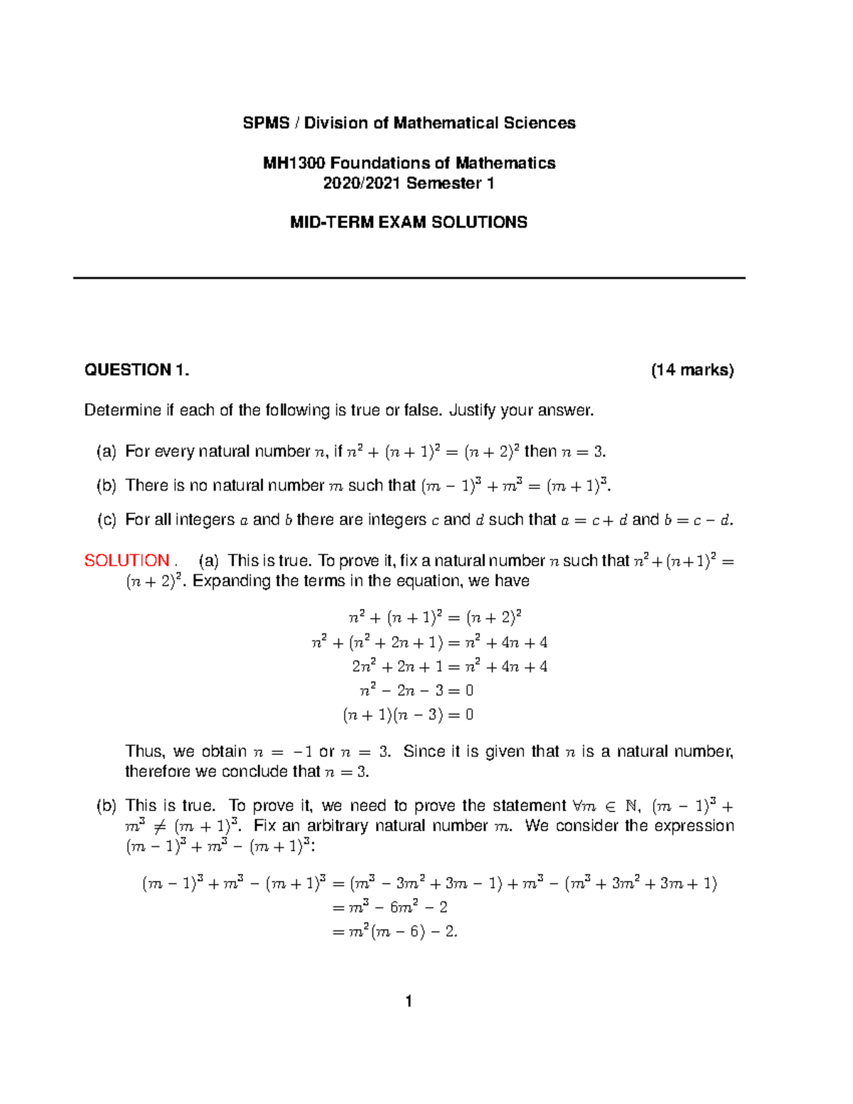 MH1300 Foundations of Mathematics Midterm Exam Solutions 2020/21 - Studocu