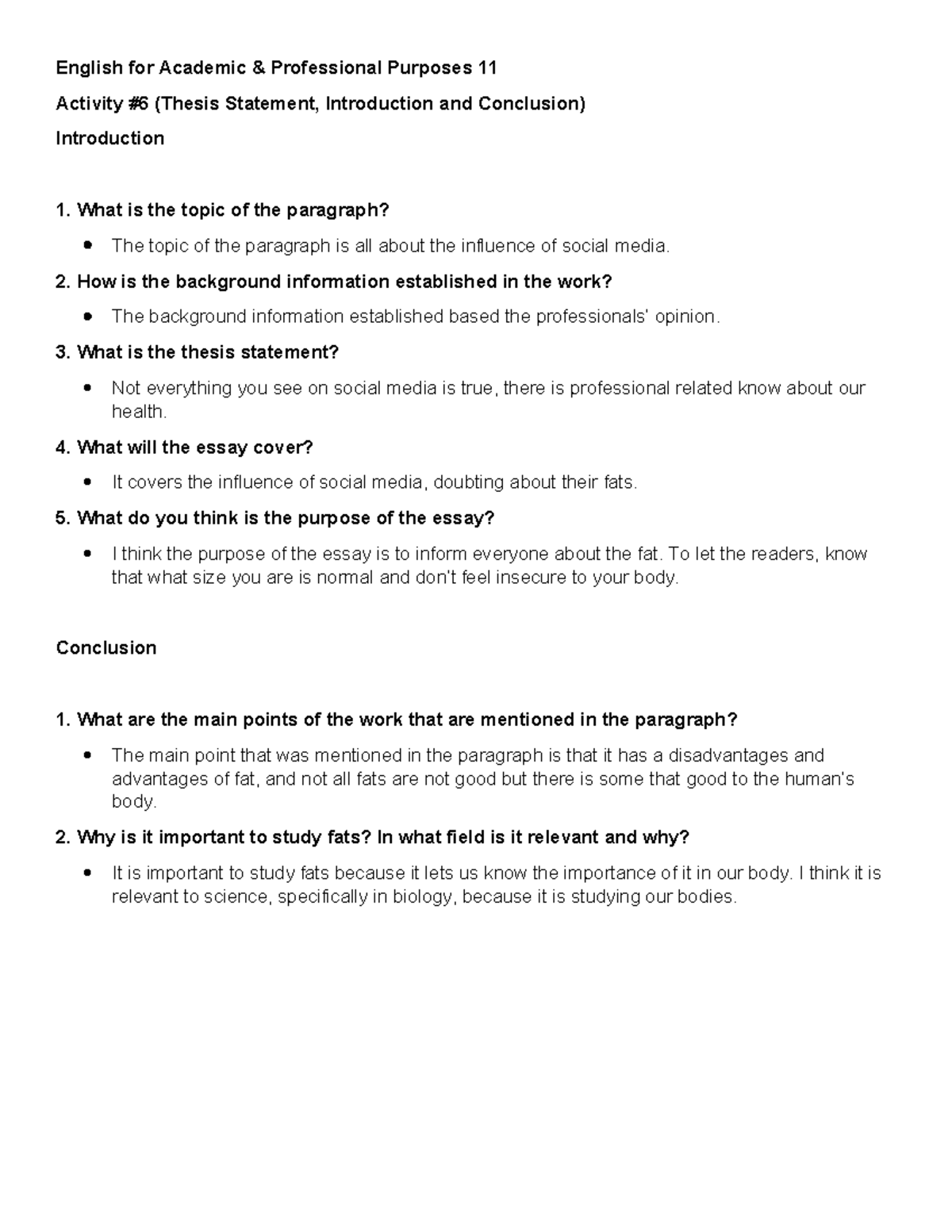 EAPP Activity #6: Thesis Statement, Introduction & Conclusion on Social ...