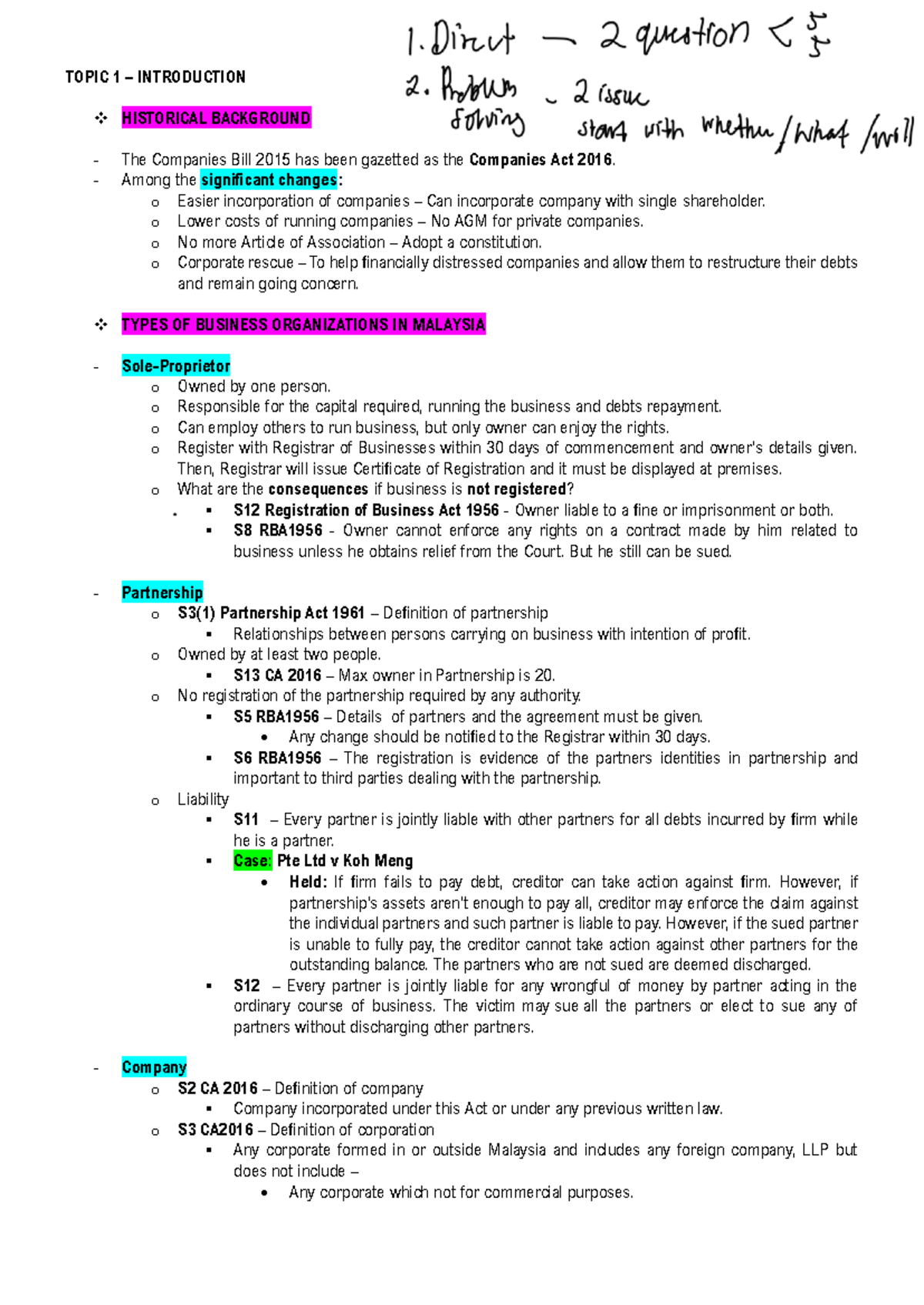 Company Law Notes with Case Analysis - Key Insights & Changes - Studocu