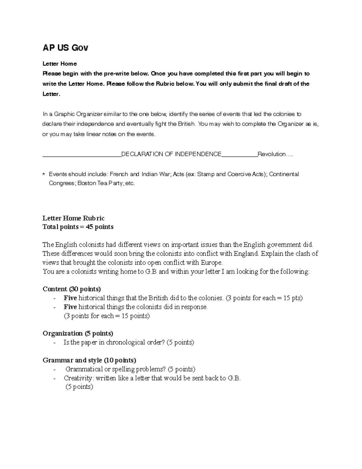 AP US Gov Letter Home Assignment: Declaration of Independence - Studocu