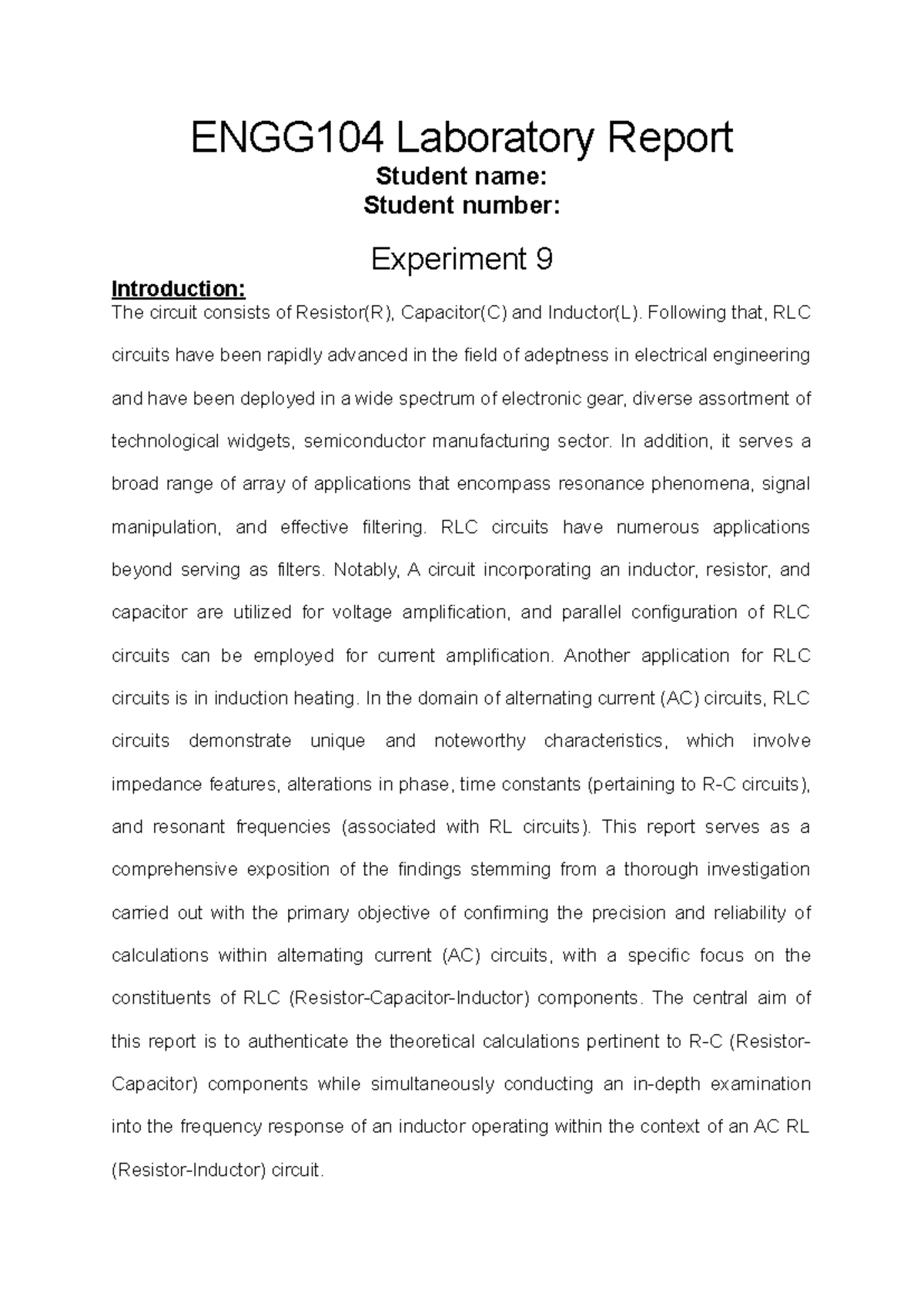 ENGG104 Lab Report: Analysis of RLC Circuit Behavior in AC Systems ...
