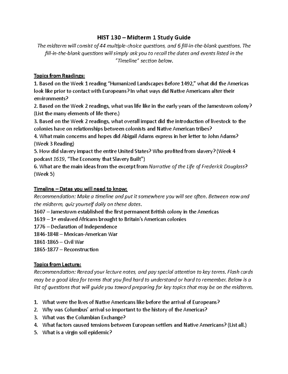 HIST 130 S25 Midterm 1 Study Guide: Key Topics & Dates - Studocu