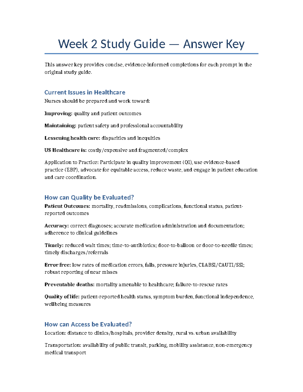 Week 2 Study Guide Answer Key: Current Issues in Healthcare - Studocu